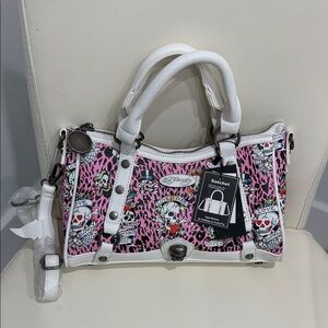Ed Hardy White & Pink Sparkly Skulls/Hearts/Print Satchel Bag & Crossbody Strap